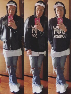 「menswear」｜「アイテム（ライダースジャケット）」を使った、Edimundson さん（メンズ・180cm）の冬コーディネート