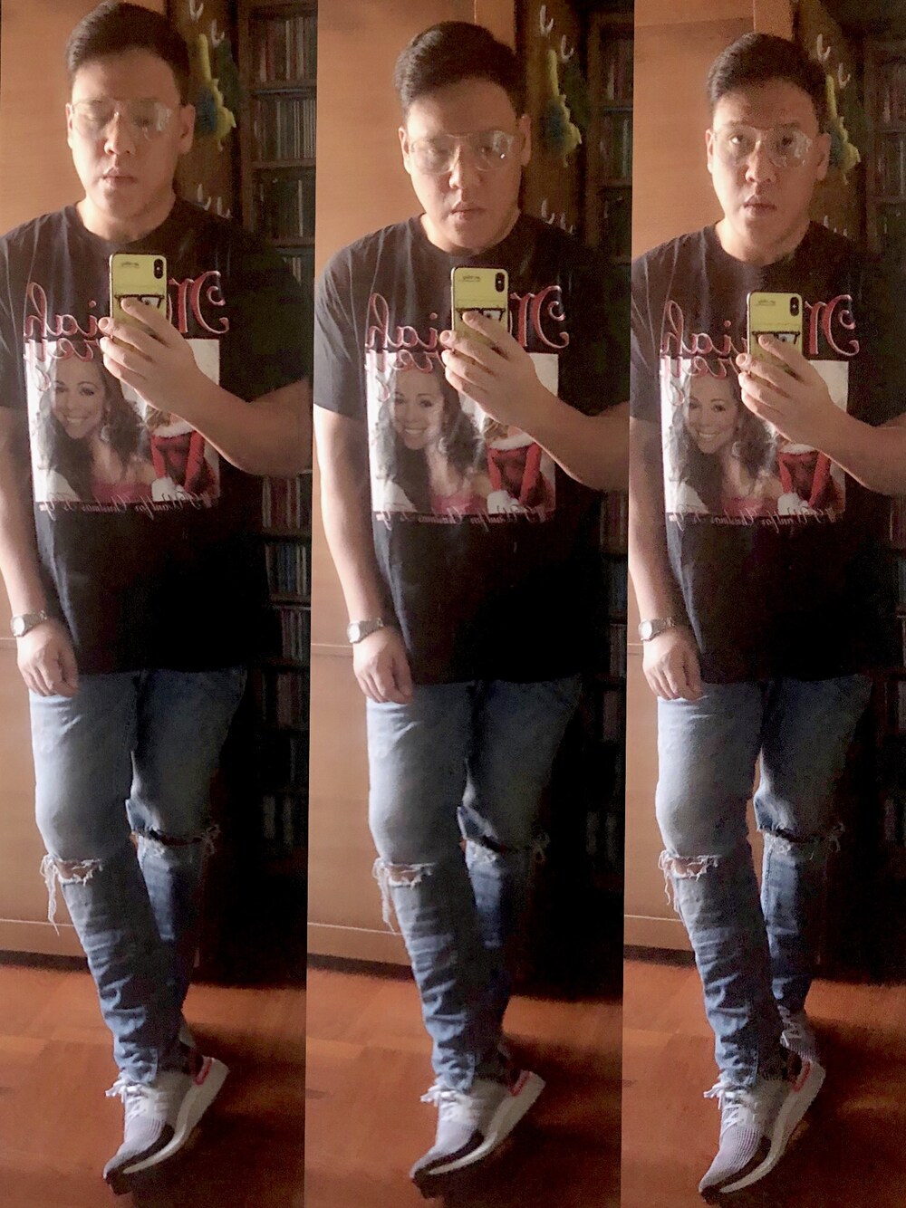 ブラック系のTシャツ/カットソー、ブルー系のデニムパンツ、ホワイト系のスニーカーを着用したメンズの冬コーディネートの1枚目の写真