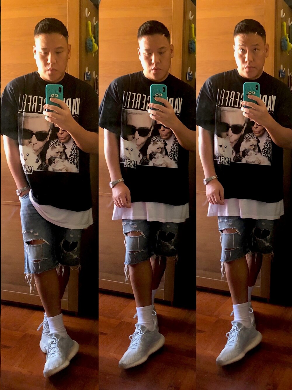 「ootd、夏、街頭穿搭、球鞋、休閒、oversize、牛仔褲、hkboy、adidas originals、streetstyle」｜「homageteesukのアイテム（Tシャツ/カットソー、ブラック系）」を使った、Edimundson さん（メンズ・180cm）の春コーディネートの1枚目の写真