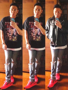 「oversize」｜「アイテム（ライダースジャケット）」を使った、Edimundson さん（メンズ・180cm）の秋コーディネート