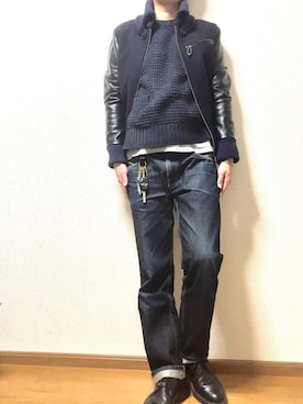 「BLUE BLUE（ブルーブルー）のアイテム（ニット/セーター）」を使った、カカシさん（メンズ・175cm）の冬コーディネート