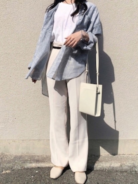 「LOWRYS FARM（ローリーズファーム）のセンタープレスカラーフレアパンツ　870189（その他パンツ）」を使った、neneさん（レディース・154cm）の春コーディネート