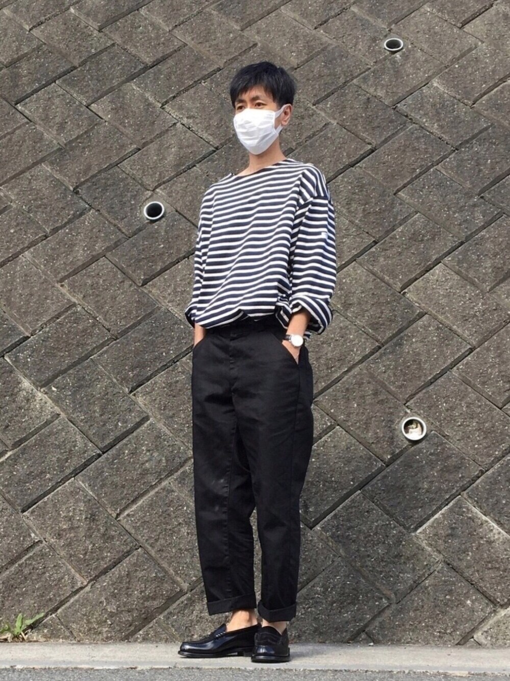 「タックイン、オーシバル、orcival、ボーダートップス、ユニクロ、UNIQLO、UNIQLO U、リーガル、regal」｜「ORCIVALの【ORCIVAL/オーシバル】COTTON LOURD ボーダーカットソー ビッグシルエット#B241（Tシャツ/カットソー、ブルー系）」を使った、shinyaさん（メンズ・172cm）の夏コーディネートの1枚目の写真