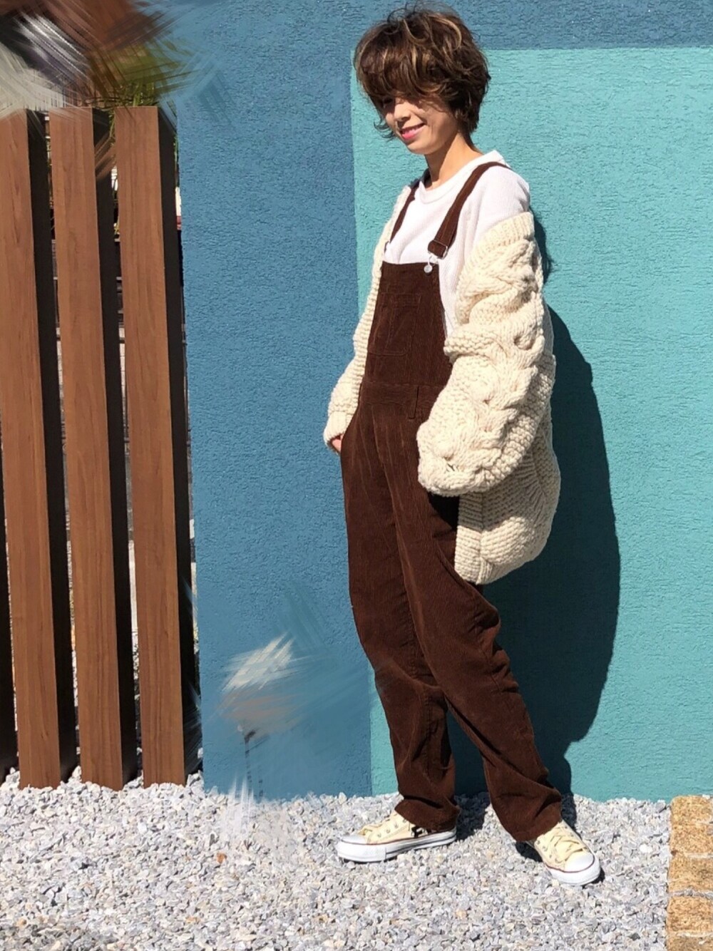 「ストリート服が好き、ゆるコーデ、おしゃれさんと繋がりたい、シンプル、秋コーデ、チビーズ✳︎」｜「JEMORGANのサーマル長袖ロング丈TクルーネックTシャツ（Tシャツ/カットソー、ホワイト系）」を使った、yuniさん（レディース・155cm）の秋コーディネートの1枚目の写真