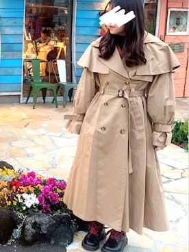 「Candy Stripper（キャンディストリッパー）のFRILL COLLAR TRENCH コート（トレンチコート、ベージュ系）」を使った、Kittyさん（レディース・160cm）の冬コーディネート