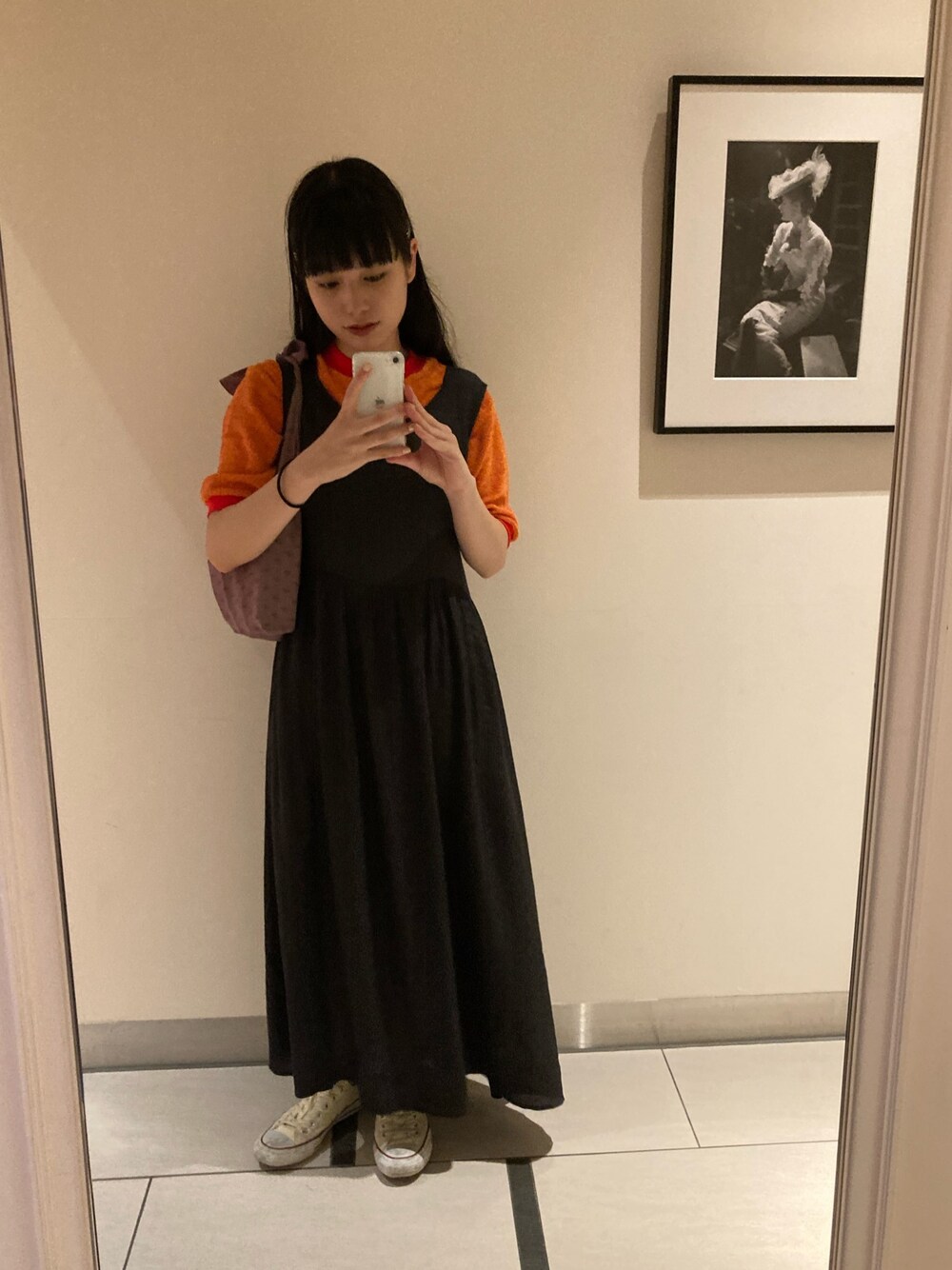 「タオル、タオル地、タオル地t、ワンピース、ジャンバースカート、ベトナム、古着、vintage」｜「台湾古着のアイテム（Tシャツ/カットソー、オレンジ系）」を使った、ますみるくさん（レディース・165cm）の夏コーディネートの1枚目の写真