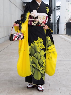 「アイテム（着物、イエロー系）」を使った、:)さん（レディース・160cm）の春コーディネート