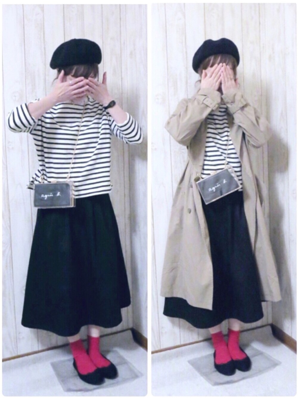 ブラック系のバレエシューズ、ブラック系のスカート、その他のTシャツ/カットソーを着用したレディースの春コーディネートの1枚目の写真