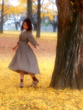 「natural couture（ナチュラルクチュール）のカシュクール共ベルトワンピース（ワンピース、ブラウン系）」を使った、kichanさん（レディース・161cm）の秋コーディネート