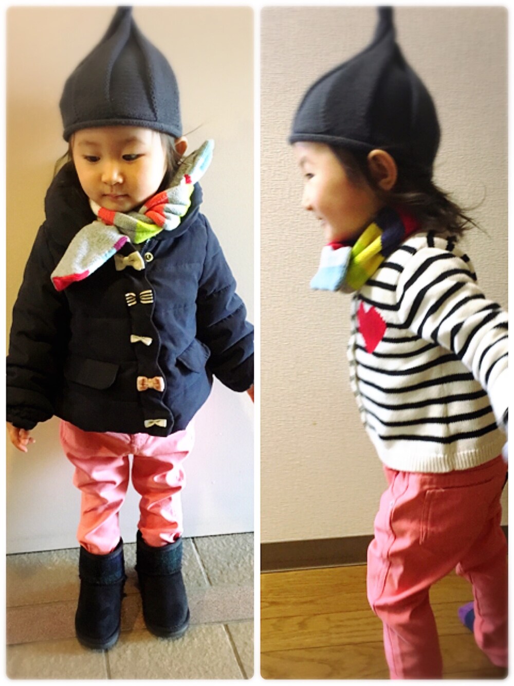 「petit main、女の子コーデ、babygap、gaplove、ピンクパンツ、ボーダー、春コーデ」｜「petit mainのリボン付き中綿ブルゾン（ブルゾン、ブルー系）」を使った、ricoooさん（キッズ・80cm）の春コーディネートの1枚目の写真