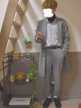 「jiggys shop（ジギーズショップ）のアイテム（チェスターコート）」を使った、¥u-d@!さん（メンズ・168cm）の冬コーディネート
