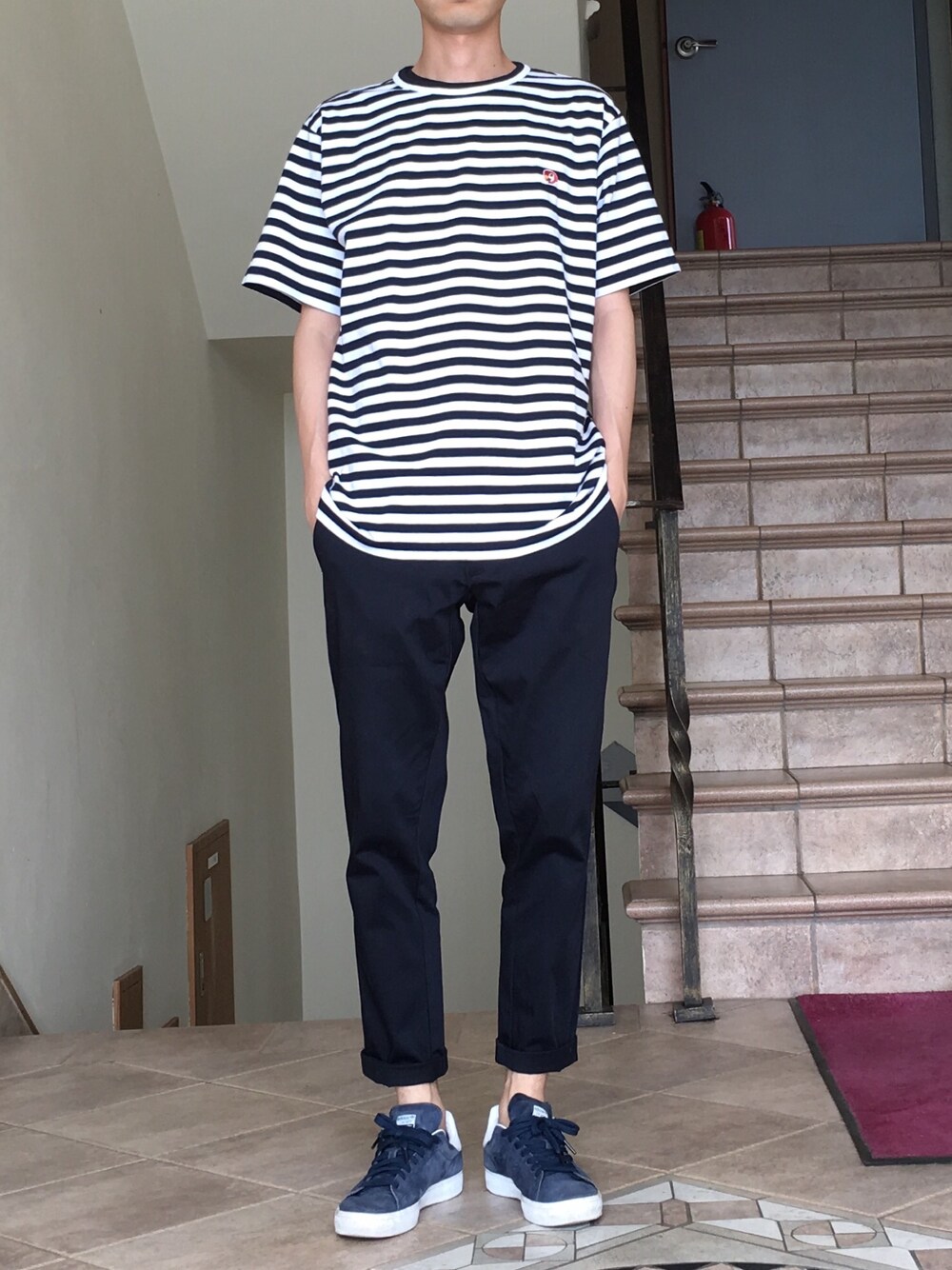 「korea、adidas、adidas originals、American Casual、chino、stripe、stansmith、LIFUL、LIFUL MINIMAL GARMENTS、ZARA」｜「LIFUL MINIMAL GARMENTS.のアイテム（Tシャツ/カットソー、ブルー系）」を使った、kim000さん（メンズ・175cm）の夏コーディネートの1枚目の写真