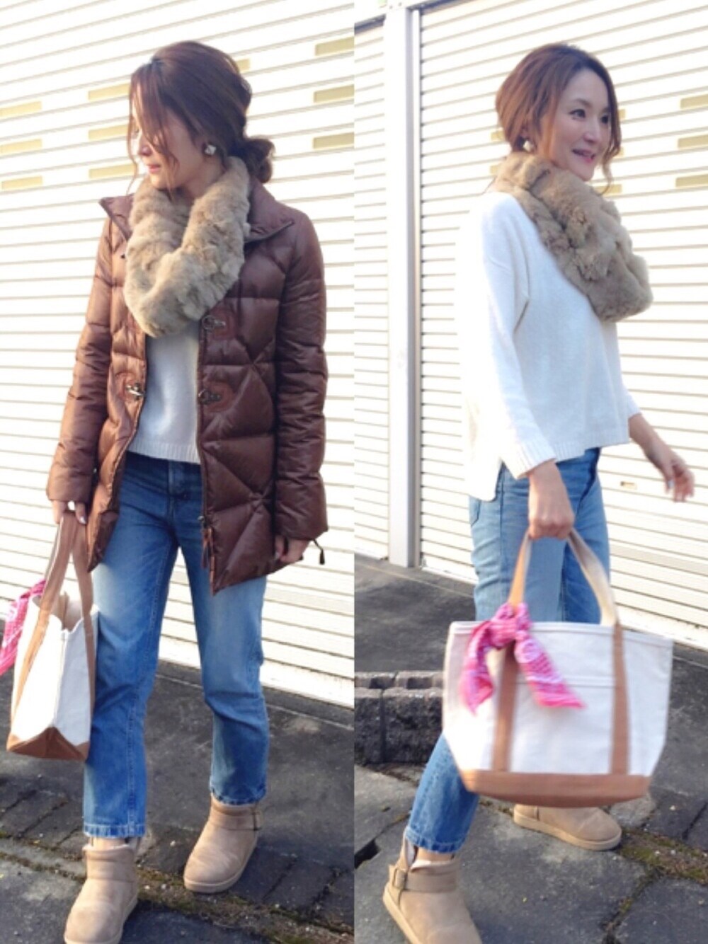 ホワイト系のニット/セーター、ベージュ系のブーツ、ブラウン系のトートバッグを着用したレディースの冬コーディネートの1枚目の写真