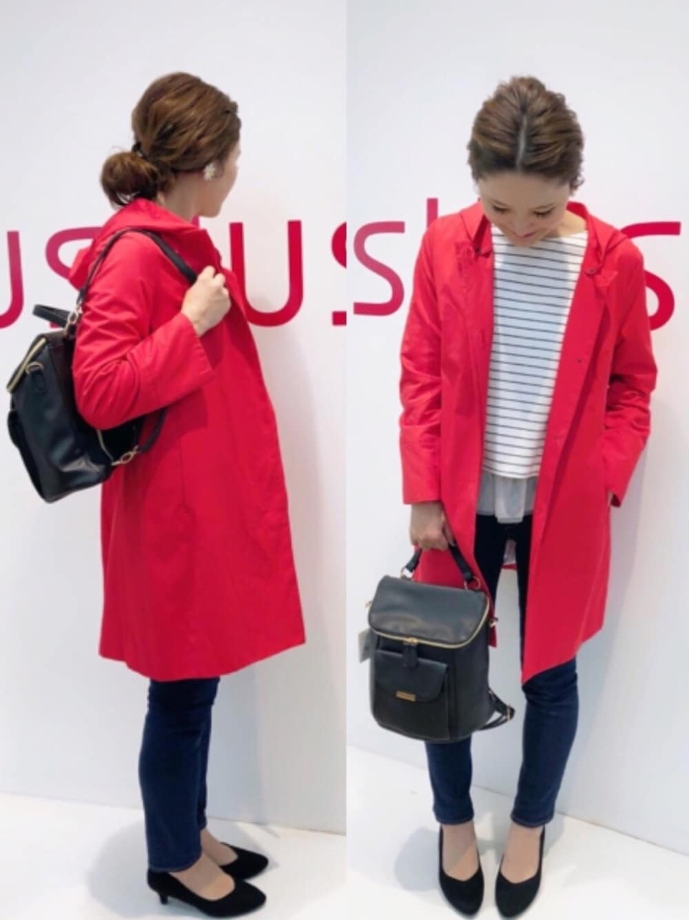 レッド系のその他アウター、ブルー系のデニムパンツ、ブラック系のバックパック/リュックを着用したレディースの春コーディネートの1枚目の写真