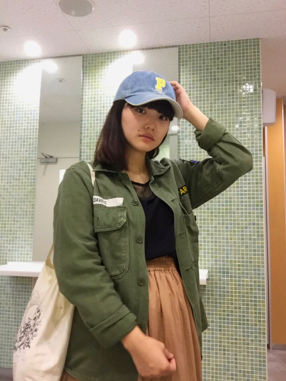 「古着MIX、used、大人カジュアル、ootd、秋コーデ、ミリタリーシャツ、マタニティ、古着、used mix、てるふく」｜「usedのアイテム（シャツ/ブラウス、グリーン系）」を使った、てるさん（レディース・158cm）の秋コーディネートの1枚目の写真