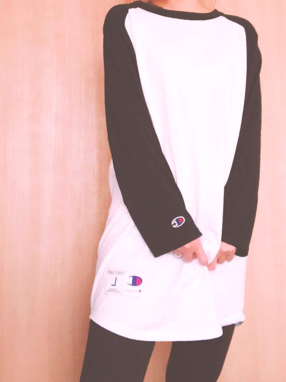 「ChampionのChampion Authentic Raglan Baseball T-SHIRTS /チャンピオン コットン ベースボール ラグラン Tシャツ(3/4スリーブ)（Tシャツ/カットソー、ホワイト系）」を使った、a_rさん（レディース・159cm）の夏コーディネートの1枚目の写真