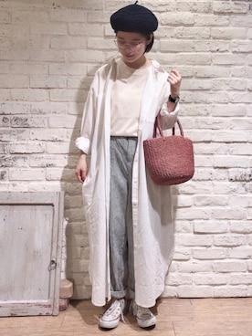 「ストライプパンツ」｜「アイテム（シャツワンピース）」を使った、はまなかさん（レディース・151cm）の夏コーディネート