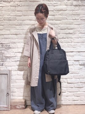 「リネンシャツ」｜「アイテム（サロペット/オーバーオール）」を使った、はまなかさん（レディース・151cm）の夏コーディネート