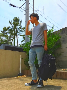 「UNDERCOVER（アンダーカバー）のアイテム（バックパック/リュック、ブラック系）」を使った、mottyさん（メンズ・172cm）の夏コーディネート