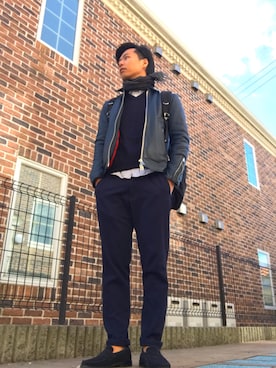 「NANO universe（ナノユニバース）のアイテム（ライダースジャケット、ブルー系）」を使った、mottyさん（メンズ・172cm）の冬コーディネート