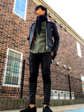 「ZARA（ザラ）のアイテム（マフラー、ブルー系）」を使った、mottyさん（メンズ・172cm）の冬コーディネート