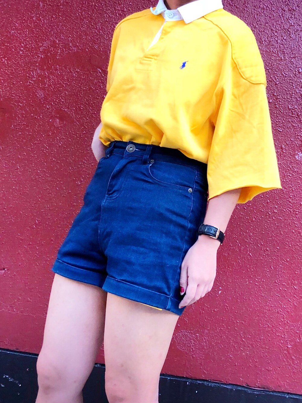 「古着屋、ビッグT、黄色、プチプラ、ootd、おしゃれさんと繋がりたい、夏、プチプラコーデ、パンツスタイル、古着」｜「POLO RALPH LAURENのアイテム（ポロシャツ、イエロー系）」を使った、Aoiさん（レディース・157cm）の夏コーディネートの1枚目の写真