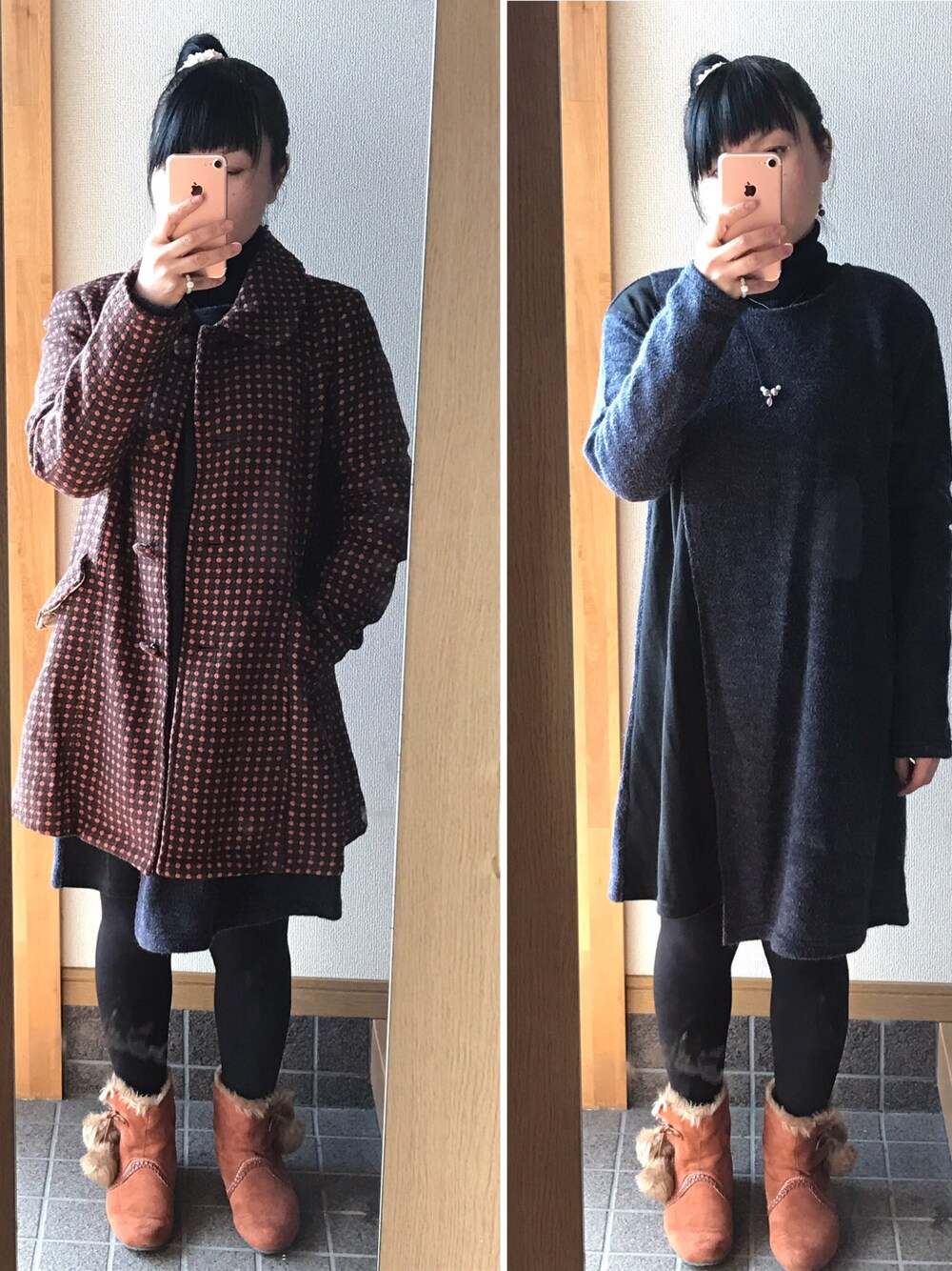 「オトナカジュアル、ワンピース」｜「brand ?のアイテム（その他アウター、ブラウン系）」を使った、ハルさん（レディース・153cm）の冬コーディネートの1枚目の写真