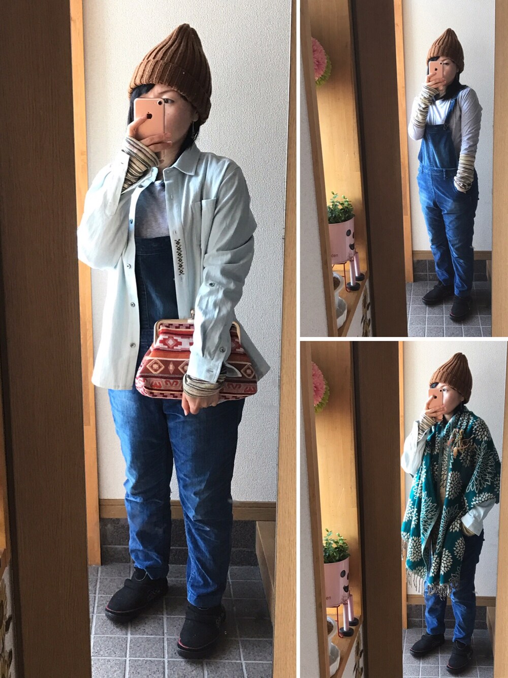 「カジュアル、パンツスタイル、サロペット、シャツ、ストール」｜「GUのアイテム（ニットキャップ/ビーニー、ブラウン系）」を使った、ハルさん（レディース・153cm）の冬コーディネートの1枚目の写真
