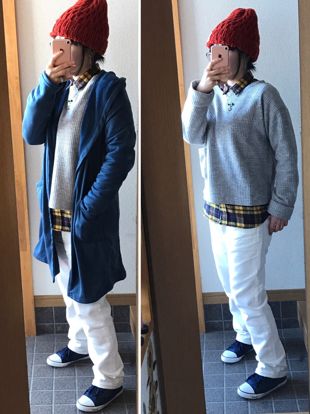 「スニーカーコーデ、シンプル、カジュアル、白、スニーカー、ニット帽、春コーデ」｜「cepoのアイテム（ニットキャップ/ビーニー、オレンジ系）」を使った、ハルさん（レディース・153cm）の冬コーディネートの1枚目の写真