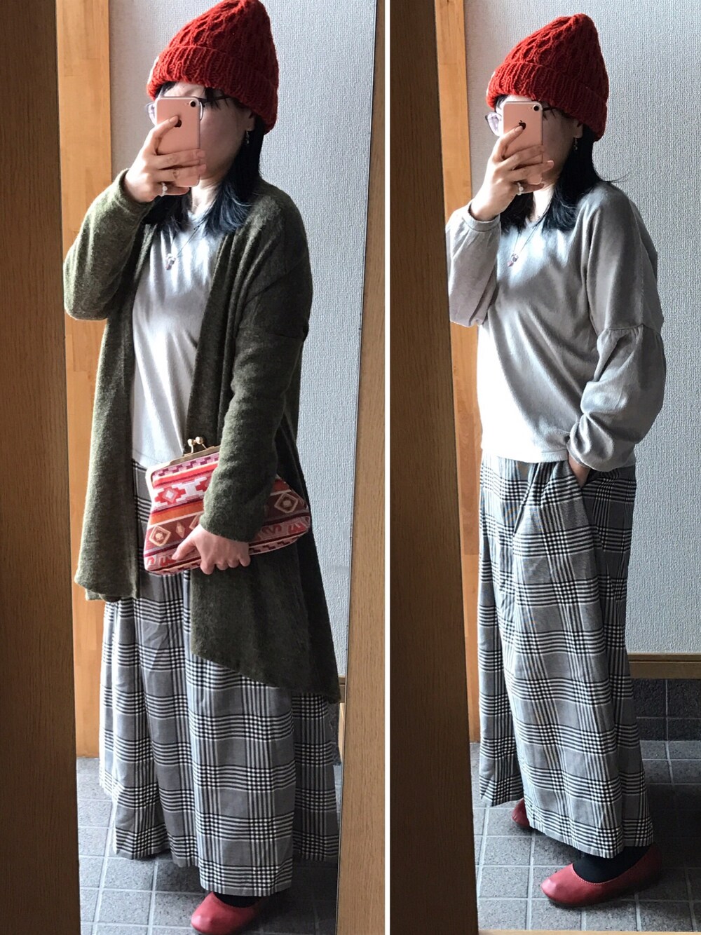 「大人カジュアル、カーキ、カーディガン、チェック、グレー」｜「cepoのアイテム（ニットキャップ/ビーニー、オレンジ系）」を使った、ハルさん（レディース・153cm）の冬コーディネートの1枚目の写真