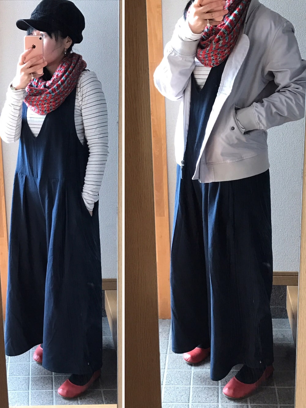 「カジュアルコーデ、オトナ女子、春コーデ、ボーダー、ネイビー、ネイビー×ボーダー、ラクチンコーデ」｜「brand ?のアイテム（帽子、ブラック系）」を使った、ハルさん（レディース・153cm）の冬コーディネートの1枚目の写真