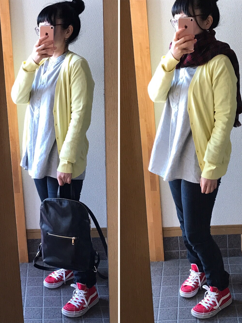 「シンプル、ラフ、春コーデ、イエロー×グレー、UNIQLO、GUスキニー、リュック」｜「WEGOのアイテム（マフラー、レッド系）」を使った、ハルさん（レディース・153cm）の冬コーディネートの1枚目の写真