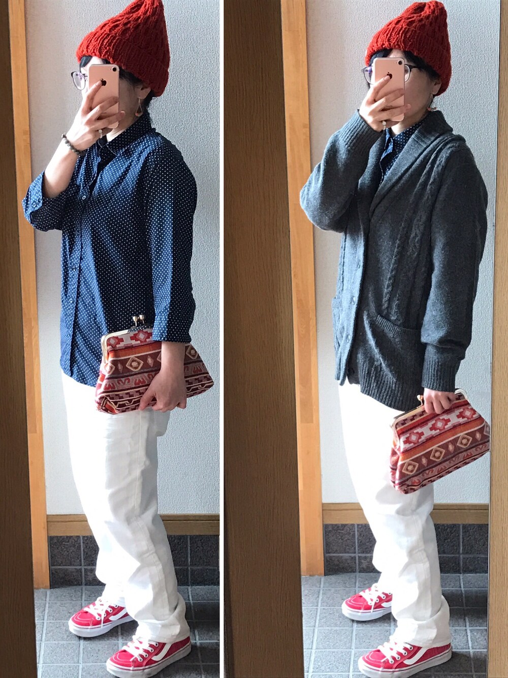 「シンプルコーデ、GU、ニット、スニーカー、ダイソー、ドット、白パンツ、ドットシャツ」｜「cepoのアイテム（ニットキャップ/ビーニー、オレンジ系）」を使った、ハルさん（レディース・153cm）の冬コーディネートの1枚目の写真