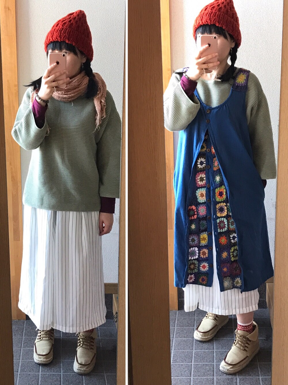 「春コーデ、チュニック、ストライプ、ガウチョパンツ、モチーフ」｜「cepoのアイテム（ニットキャップ/ビーニー、オレンジ系）」を使った、ハルさん（レディース・153cm）の冬コーディネートの1枚目の写真