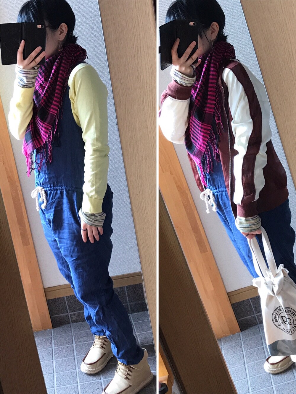 「カジュアル、今日のコーデ、ピンクフェス3告知、ピンク、ダイソー、サロペット、カーティガン」｜「brand ?のアイテム（マフラー、ピンク系）」を使った、ハルさん（レディース・153cm）の春コーディネートの1枚目の写真