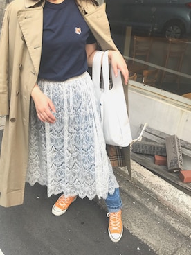 「Maison Kitsune（メゾンキツネ）のTEE-SHIRT FOX HEAD PATCH（Tシャツ/カットソー、ブルー系）」を使った、chiharuさん（レディース）の春コーディネート