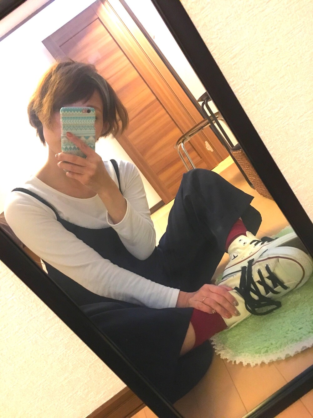 「converse、プチプラ、outfit、ootd、GU、チビーズ✳︎、ママコーデ、カジュアル、シンプル」｜「CONVERSEの【CONVERSE】キャンバスオールスターHI（スニーカー、ホワイト系）」を使った、n.t.m0626さん（レディース・154cm）の春コーディネートの1枚目の写真