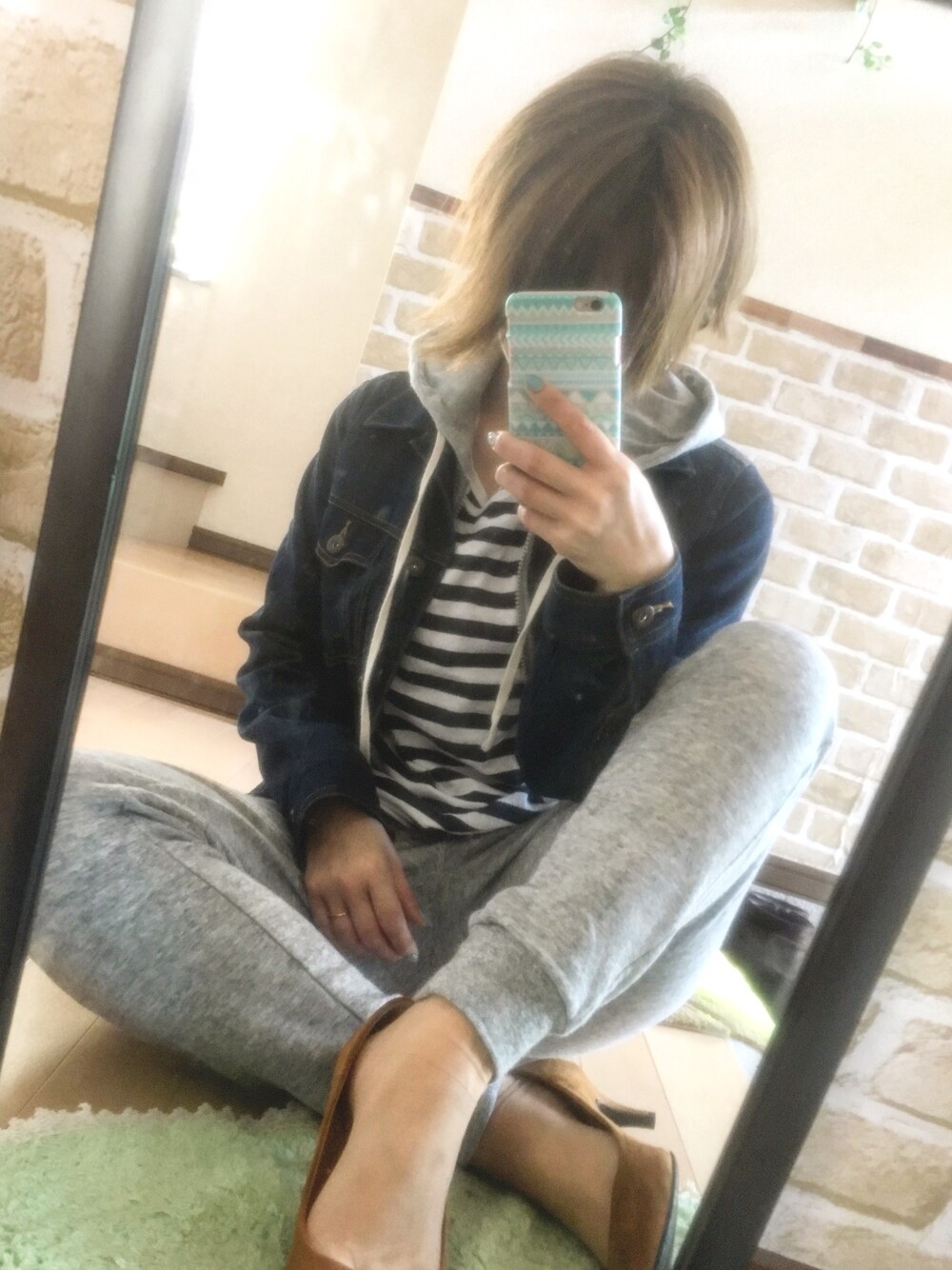 「パンツスタイル、休日スタイル、ootd、ラフ、UNIQLO、GU、プチプラ、スウェット、ボーダー」｜「GUのアイテム（パンプス、ブラウン系）」を使った、n.t.m0626さん（レディース・154cm）の春コーディネートの1枚目の写真