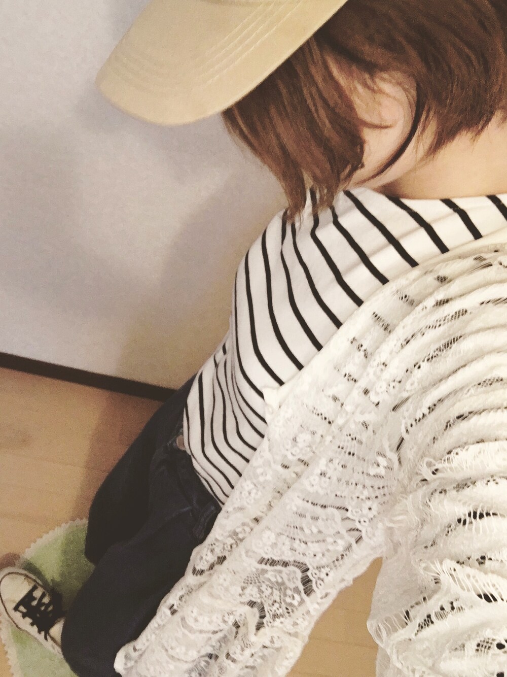 「ootd、デニムパンツ、ラフ、outfit、レースガウン、トレンド、キャップ、ボーダー、プチプラ、GU」｜「しまむらのアイテム（トップス、ホワイト系）」を使った、n.t.m0626さん（レディース・154cm）の春コーディネートの1枚目の写真