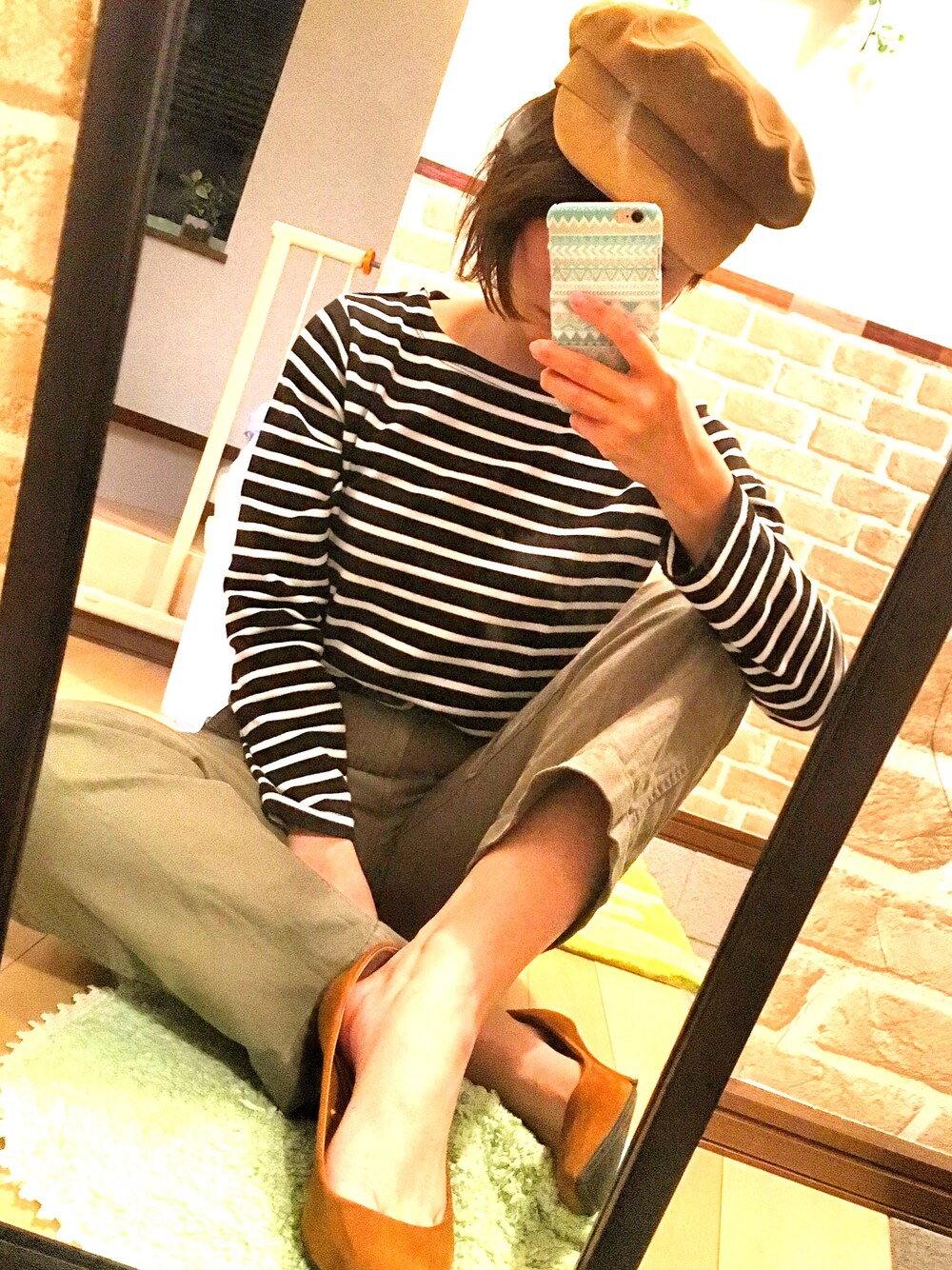 「カジュアルコーデ、シンプル、ootd、outfit、大人カジュアル、メンズライク、キャスケット、ベーカーパンツ、ボーダー、シンプルコーデ」｜「GUのアイテム（パンプス、ブラウン系）」を使った、n.t.m0626さん（レディース・154cm）の春コーディネートの1枚目の写真