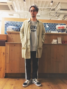 「ジャージーパンツ」｜「アイテム（ステンカラーコート）」を使った、RYOさん（メンズ・168cm）の秋コーディネート