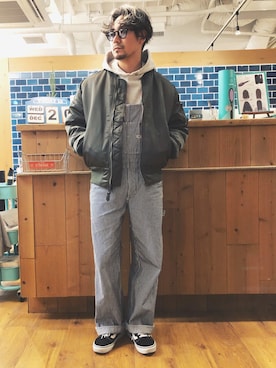 「ヒッコリー」｜「アイテム（MA-1）」を使った、RYOさん（メンズ・168cm）の冬コーディネート