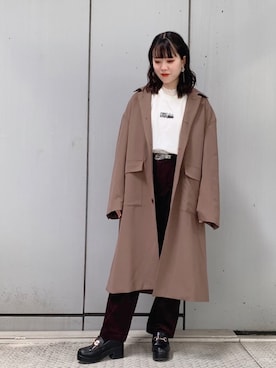「JUNRED（ジュンレッド）のアイテム（ステンカラーコート）」を使った、ふじっこさん（レディース・162cm）の秋コーディネート