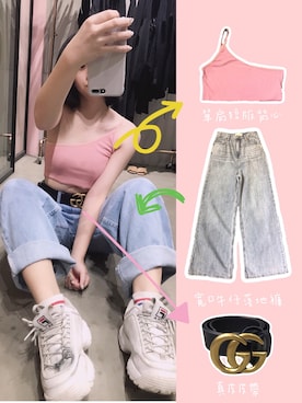 「單肩短版背心のアイテム（チューブトップ、ピンク系）」を使った、一米五小隻女さん（レディース・152cm）の秋コーディネート