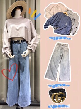 「寬口牛仔寬褲のアイテム（デニムパンツ、ブルー系）」を使った、一米五小隻女さん（レディース・152cm）の秋コーディネート