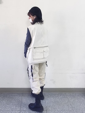 「老爸的釣魚背心のアイテム（その他アウター、ベージュ系）」を使った、一米五小隻女さん（レディース・152cm）の秋コーディネート