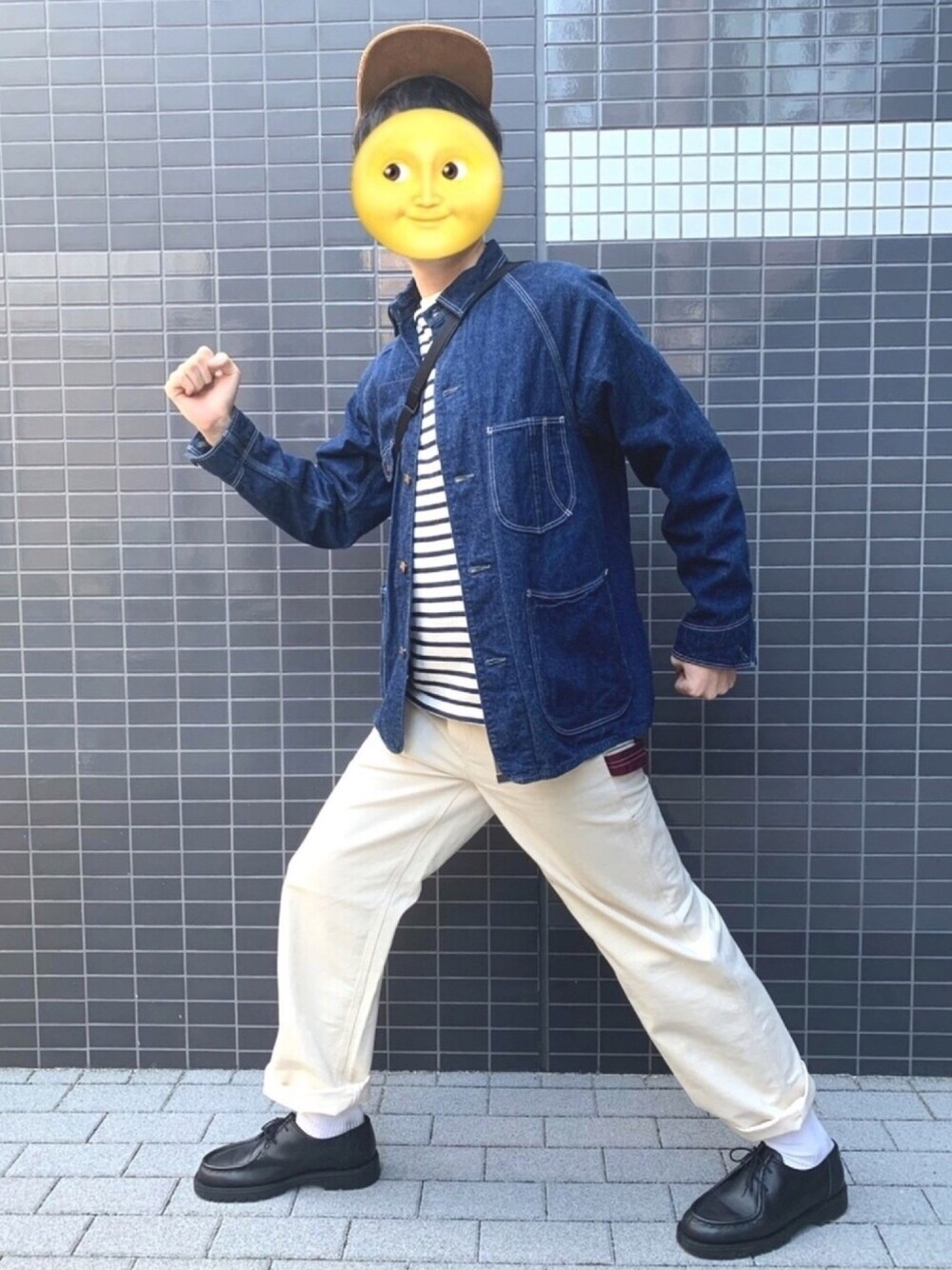 「休日スタイル、デニムジャケット、白パンツ、orslow、universaloverall、orcival、ワークパンツ、男方、秋コーデ」｜「orSlowのor slow/オアスロウ　50s COVERALL（デニムジャケット、ブルー系）」を使った、avenokiさん（メンズ・176cm）の秋コーディネートの1枚目の写真
