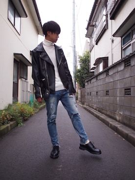 「CASPER JOHN AIVER（キャスパージョンアイバー）のアイテム（ライダースジャケット）」を使った、iyadaさん（メンズ・173cm）の秋コーディネート