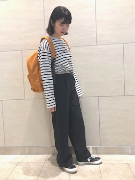 「CONVERSE TOKYO（コンバーストウキョウ）のCONVERSE TOKYO/コンバーストウキョウ　ボーダーL/S Tシャツ（Tシャツ/カットソー、ブラック系）」を使った、risaさん（レディース・162cm）の冬コーディネート