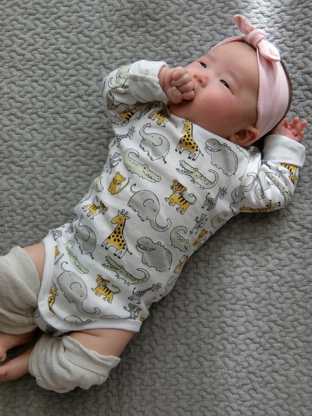 「赤ちゃん、赤ちゃんコーデ、女の子、女の子コーデ、H&M、生後2ヶ月」｜「H&Mのアイテム（ヘアバンド、ピンク系）」を使った、y_cocoさん（キッズ・60cm）の秋コーディネートの1枚目の写真